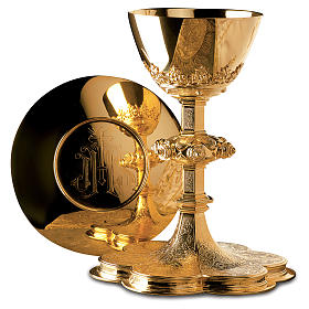 Gothic style chalice and paten with grapes and vines image and cup in gold 925 sterling silver