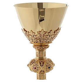 Chalice and paten Molina in Gothic style with rubies and garnets in 925 solid sterling silver finished in gold