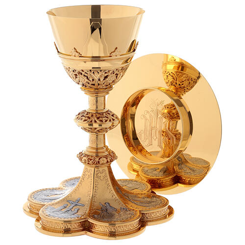 Chalice, ciborium and paten Molina with images of the life of Jesus Christ Gothic style in gold 925 solid sterling silver 1