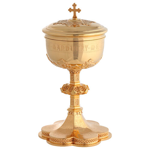 Chalice paten and ciborium Molina with psalm 115 incision on the cup Gothic style in silver brass 3