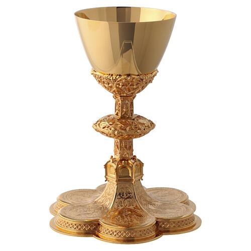 Calice ciboire patène Molina pied médailles style gotique laiton doré 3