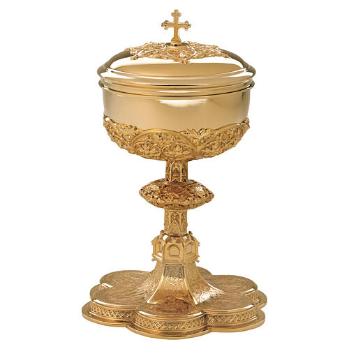 Chalice, paten and ciborium Molina with Gothic medallions on base in gold brass 4