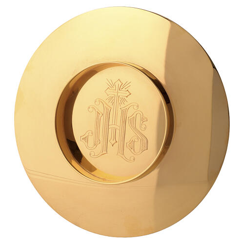 Chalice, paten and ciborium Molina with Gothic medallions on base in gold brass 5