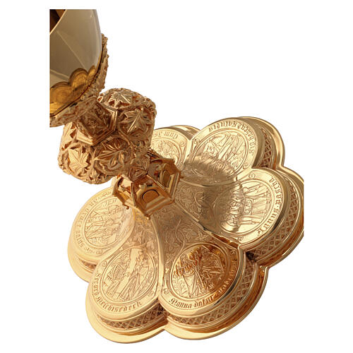 Chalice, paten and ciborium Molina with Gothic medallions on base in gold brass 10