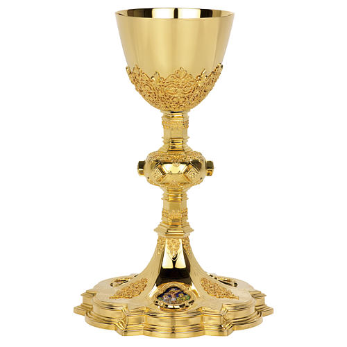 Chalice and paten Molina with fire enameled Gothic medallions and gold 925 sterling silver cup 1