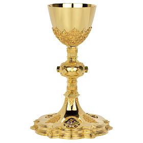 Chalice and paten Molina with fire enameled Gothic medallions and gold 925 sterling silver cup