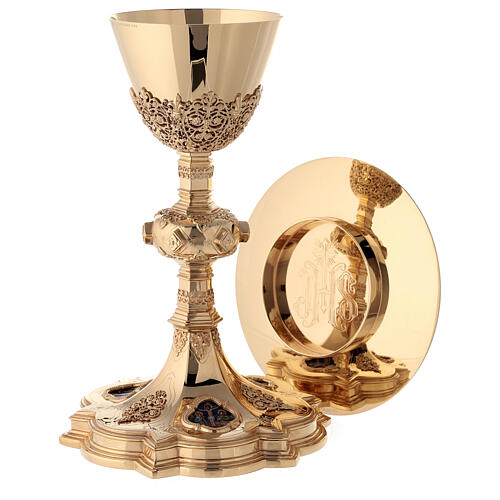 Chalice and paten Molina with fire enameled medallions in Gothic style made of gold 925 solid sterling silver 1
