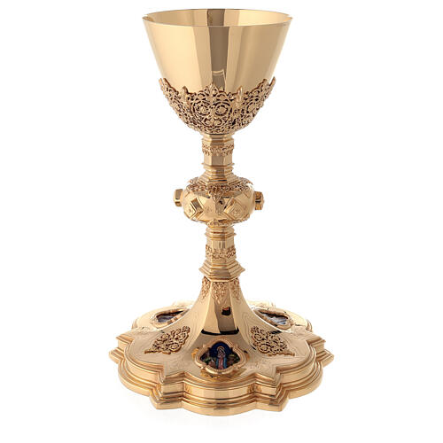 Chalice and paten Molina with fire enameled medallions in Gothic style made of gold 925 solid sterling silver 12