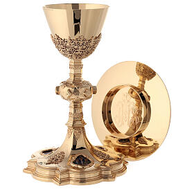Chalice and paten Molina with fire enameled medallions in Gothic style made of gold 925 solid sterling silver