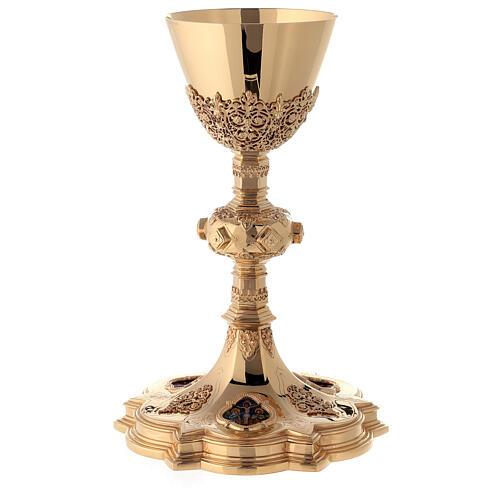 Chalice and paten Molina with fire enameled medallions in Gothic style made of gold 925 solid sterling silver 2