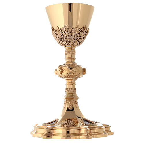 Chalice and paten Molina with fire enameled medallions in Gothic style made of gold 925 solid sterling silver 13
