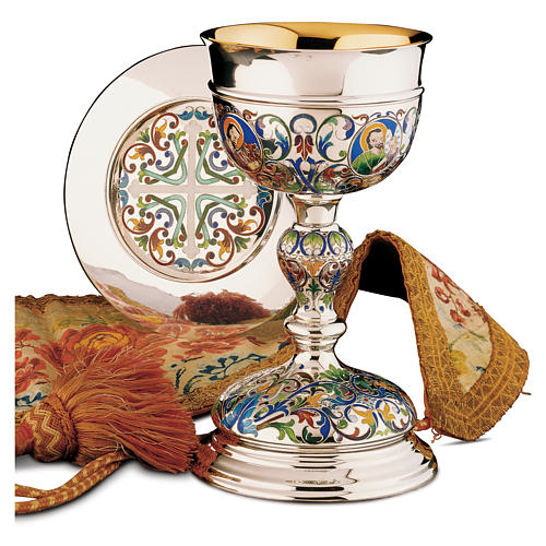 Chalice and paten Florentine style of Molina with Evangelists fire enameled in 925 solid sterling silver 1