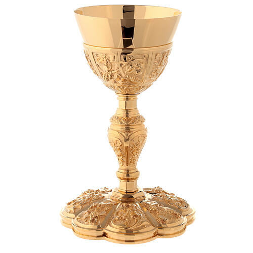 Chalice paten and ciborium Florentine style with grapes and passion flower in gold brass 2