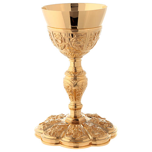 Chalice paten and ciborium Florentine style with grapes and passion flower in gold brass 7