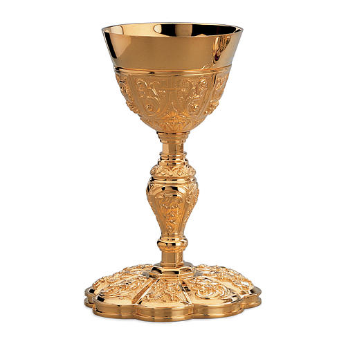 Chalice and paten Molina Florentine style with grapes and passion flower in gold 925 solid sterling silver 1