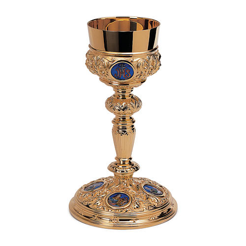 Chalice and paten Molina with Evangelists medallions in Florentine style in gold brass 1