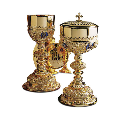 Chalice paten and ciborium Molina in baroque style with Holy Family in golden brass 1