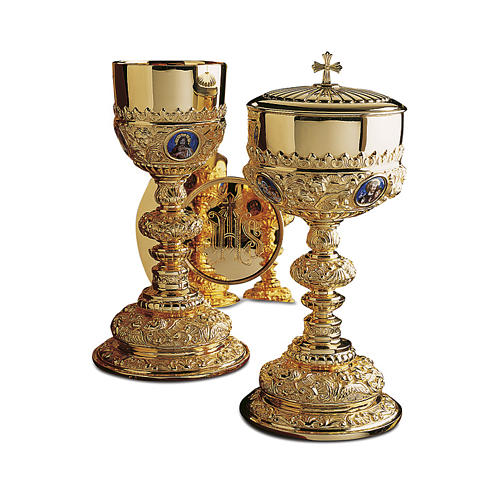 Calice Patena e Pisside Molina Barocco Sacra Famiglia coppa argento 925 dorato 1