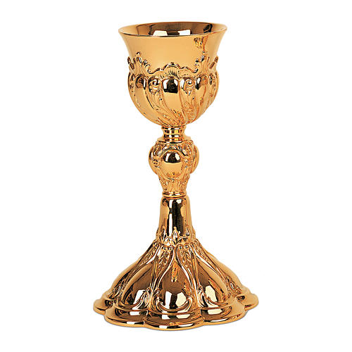 Chalice and paten Molina in Baroque style with lobe shaped decorations on base in golden brass 1