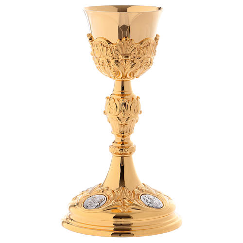Chalice paten and ciborium in Baroque style with Evangelists medallions in gold brass 2
