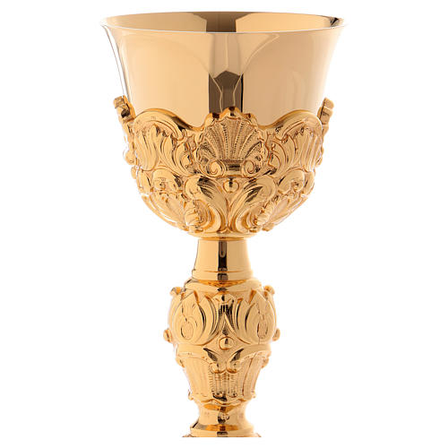 Chalice paten and ciborium in Baroque style with Evangelists medallions in gold brass 3