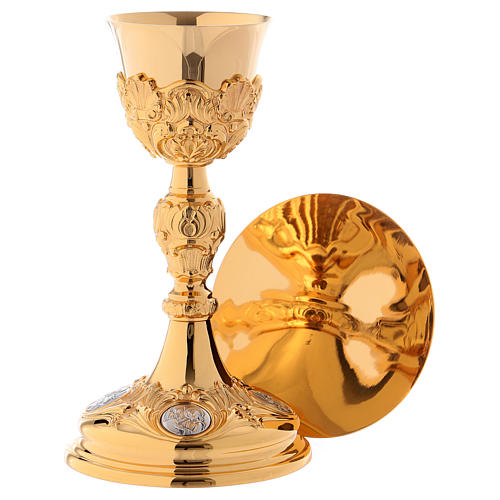 Calice e Patena Molina Barocco medaglioni Evangelisti ottone dorato 1