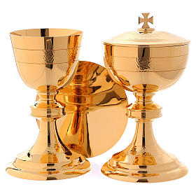 Chalice, paten and ciborium Molina in classic style hammered by hand in golden brass