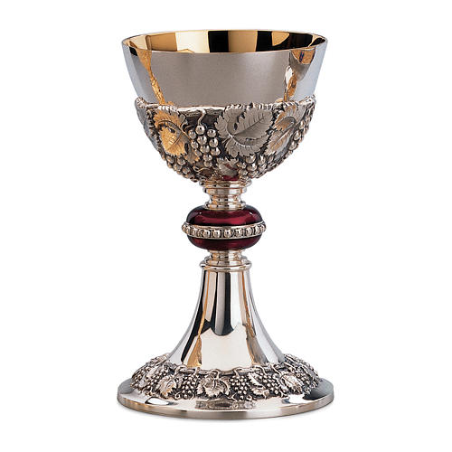 Chalice, paten and ciborium Molina in classic style with red node and grapes illustration in 925 solid sterling silver 1
