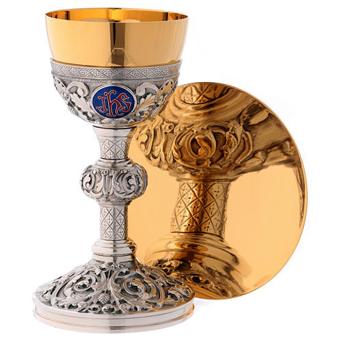 Chalice and paten Molina classic style with bas relief and medallions in silver brass 1