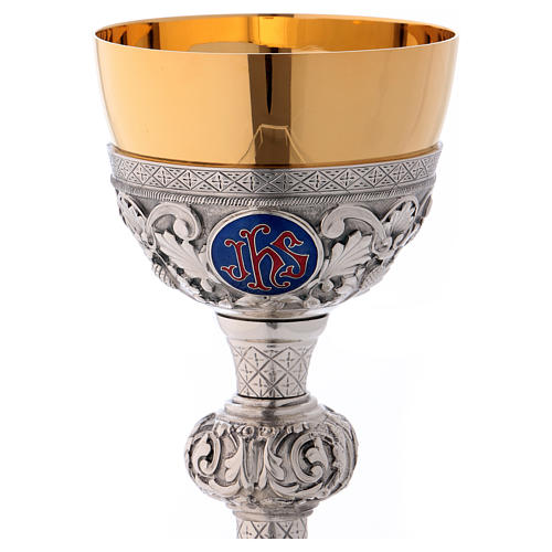 Chalice and paten Molina classic style with bas relief and medallions in silver brass 2