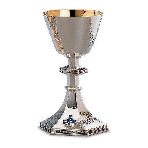 Chalice, paten and ciborium Molina classic style with blue enameled cross in silver brass 1