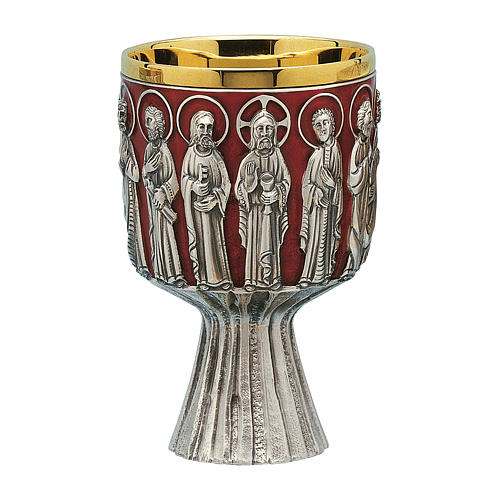 Chalice, paten and ciborium Molina in contemporary style representing the Last Dinner in silver brass 2