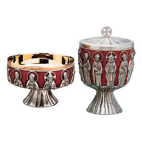 Chalice, paten and ciborium Molina in contemporary style representing the Last Supper in silver brass