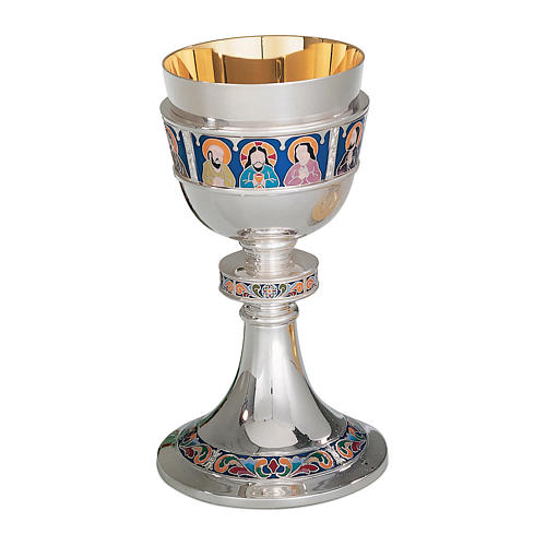Chalice, paten and ciborium contemporary style The Last dinner cloisonné in silver brass 1