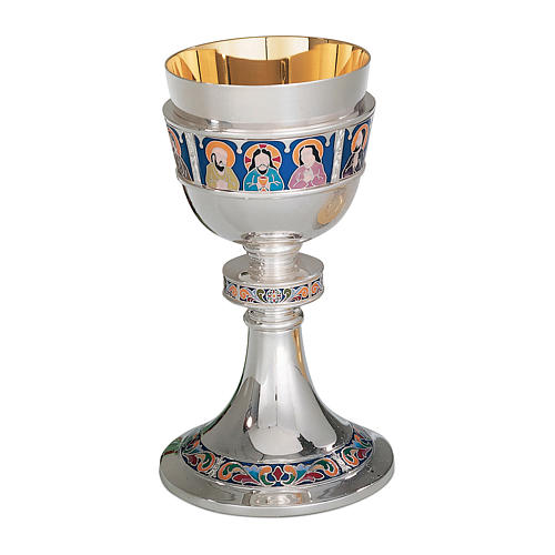 Chalice, paten and ciborium Molina for offertory with the Last Dinner in cloisonnè enamel with cup in 925 sterling silver 1