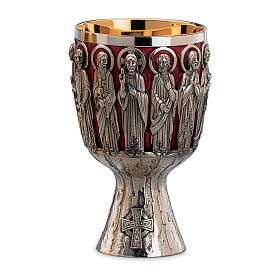 Chalice, paten and ciborium Molina contemporary style with Christ and Apostles in silver brass