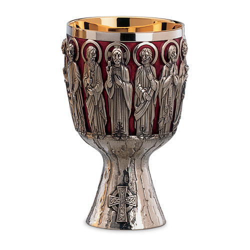 Chalice, paten and ciborium Molina contemporary style with Christ and Apostles in silver brass 1