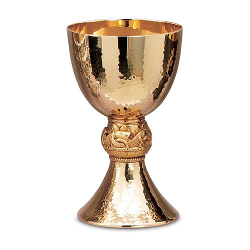 Chalice and paten Molina contemporary style with bread and fish in gold brass 1