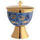 Chalice, paten and ciborium Molina contemporary style with bread and fish on blue background in golden brass s2