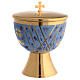 Chalice, paten and ciborium Molina contemporary style with bread and fish on blue background in golden brass s4