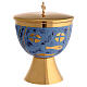 Chalice, paten and ciborium Molina contemporary style with bread and fish on blue background in golden brass s5