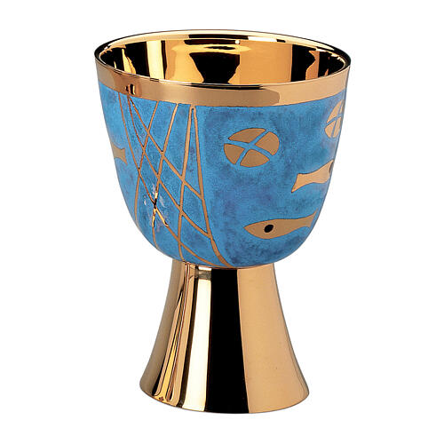 Chalice, paten and ciborium Molina contemporary style with bread and fish on blue background in golden brass 1