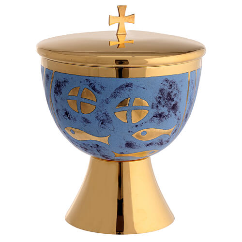 Chalice, paten and ciborium Molina contemporary style with bread and fish on blue background in golden brass 2