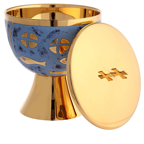 Chalice, paten and ciborium Molina contemporary style with bread and fish on blue background in golden brass 3