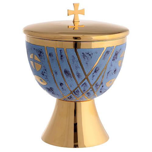 Chalice, paten and ciborium Molina contemporary style with bread and fish on blue background in golden brass 4