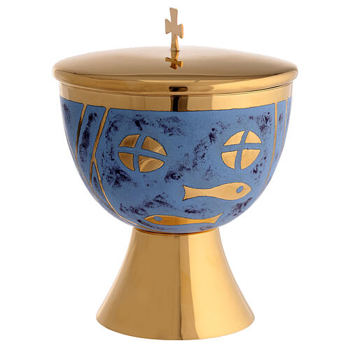 Chalice, paten and ciborium Molina contemporary style with bread and fish on blue background in golden brass 5