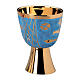 Chalice, paten and ciborium Molina contemporary style with bread and fish on blue background in golden brass s1