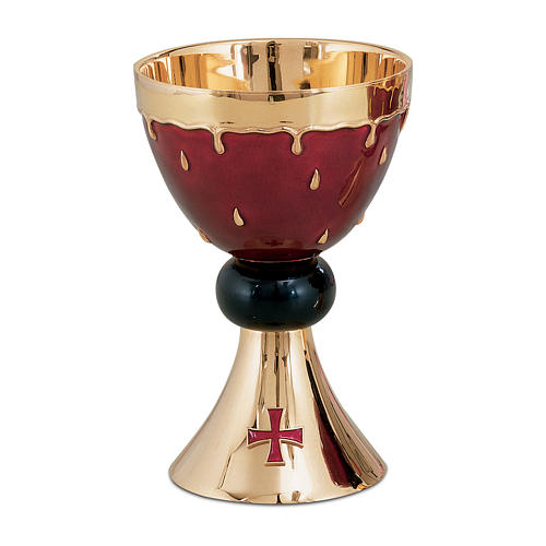 Chalice, paten and ciborium Molina in golden brass with drops of blood design contemporary style 1