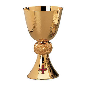 Chalice, paten and ciborium in contemporary style Molina with cross, fish and bread illustration in gold brass