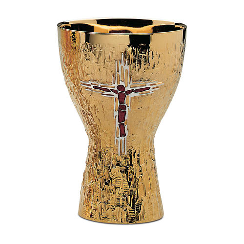 Chalice and paten Molina contemporary style with Corpus cross in golden brass 1